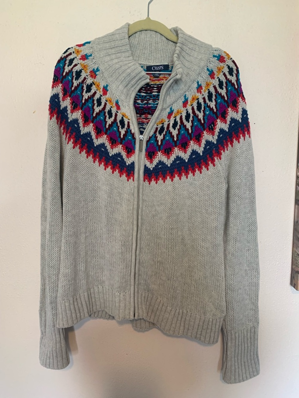 Chaps Light Gray Zip-Up Fair Isle Yoke Cardigan Sweater